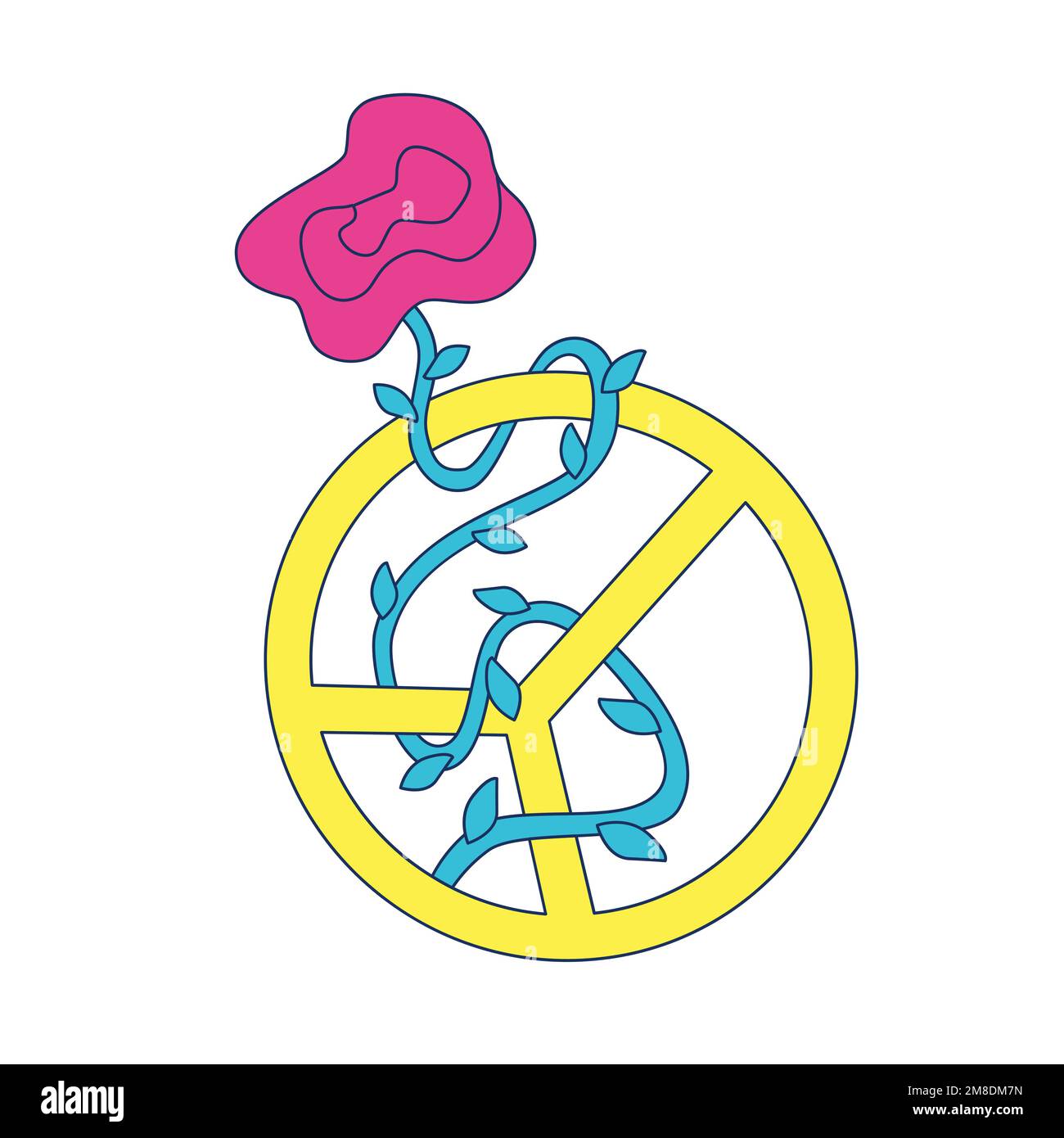 Symbole de la paix accompagné d'une rose. Signe de paix et fleur en fleur. Style rétro hippie Y2K couleurs vives. 1970 groovy vintage. Illustration vectorielle. Illustration de Vecteur