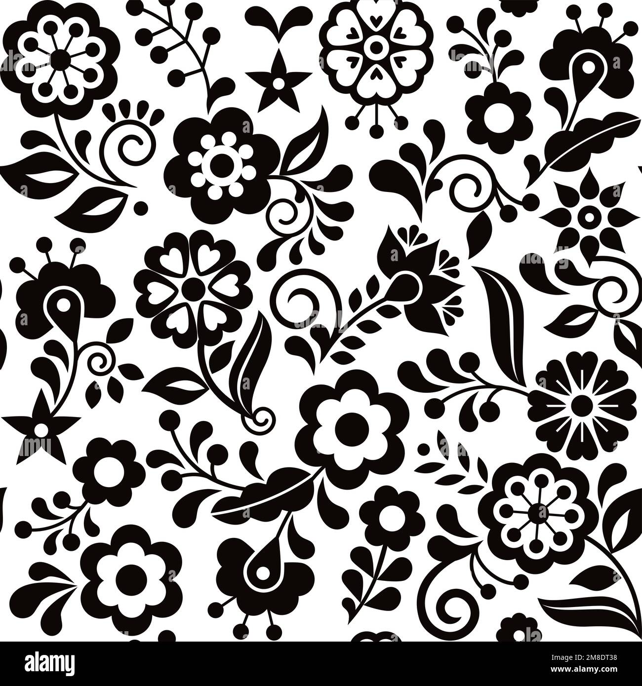 Motif vectoriel sans couture fleuri inspiré des motifs traditionnels de broderie d'art populaire du Mexique - décoration textile ou à imprimé fra en noir et blanc Illustration de Vecteur