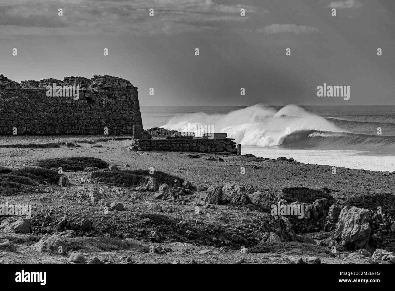 Une photo en niveaux de gris du bord de mer avec des vagues de tempête le jour Banque D'Images