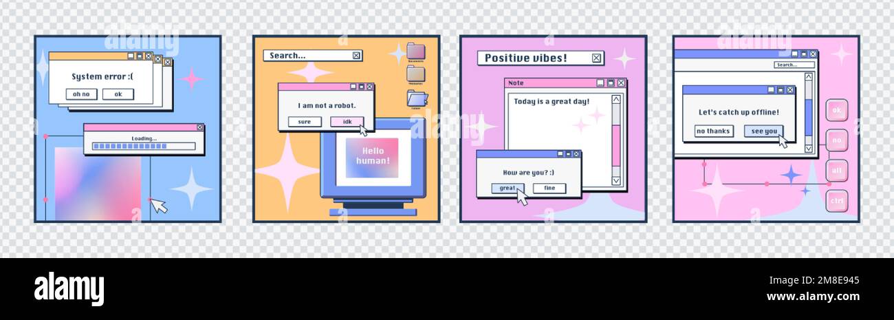 Modèle d'affiches sur les réseaux sociaux avec interface rétro pour ordinateur de bureau avec cadres de message, barres de chargement, boutons et dossiers. Anciens écrans de pc, vec Illustration de Vecteur