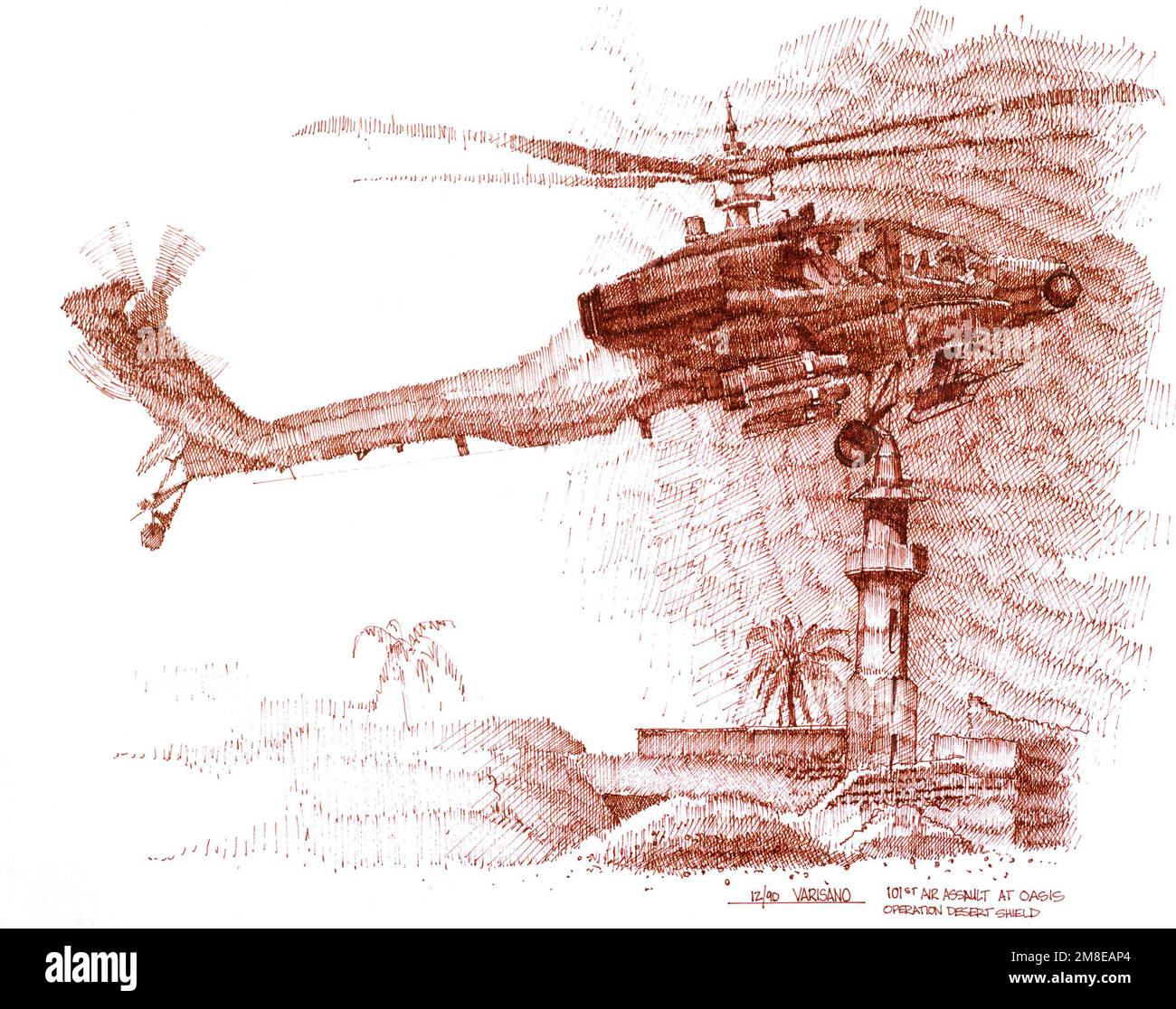 Illustration: '101st Air Assault at Oasis' artiste: Peter Varisano Numéro de catalogue: 1.10.91 U.S. Collection d'art militaire. Pays : inconnu Banque D'Images