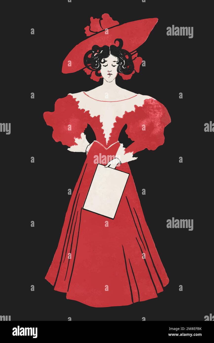 1900&#39;s Fashion Woman vector dans un imprimé rouge robe art, remix des œuvres d'Ethel Reed Illustration de Vecteur