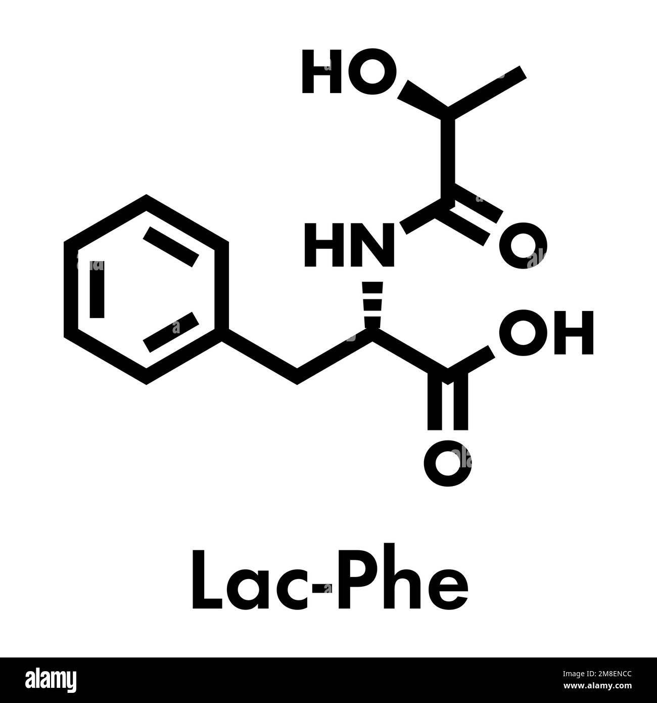 Molécule de N-lactoyl phénylalanine (Lac-Phe). Formé dans le corps pendant l'exercice physique; également présent dans certains aliments fermentés. Formule squelettique. Illustration de Vecteur