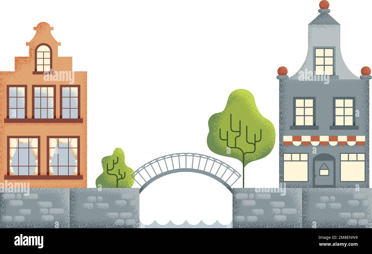 Pont d'époque entre les bâtiments. Rue urbaine texturée Illustration de Vecteur