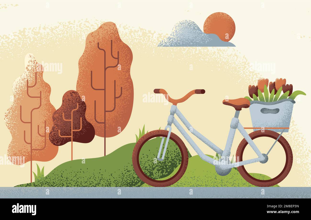 Paysage nature scène avec vélo et panier de fleurs. Illustration texturée Illustration de Vecteur
