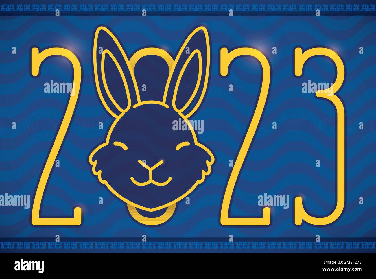 Motif bleu avec vagues, chiffre doré de 2023 et tête de lapin pour célébrer le nouvel an chinois de cet animal. Illustration de Vecteur
