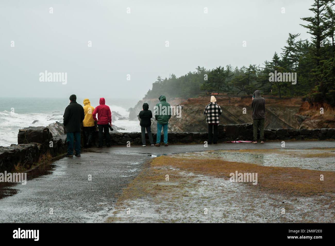 Les touristes regardent la tempête et les vagues d'hiver au parc national de Shore Acres Banque D'Images