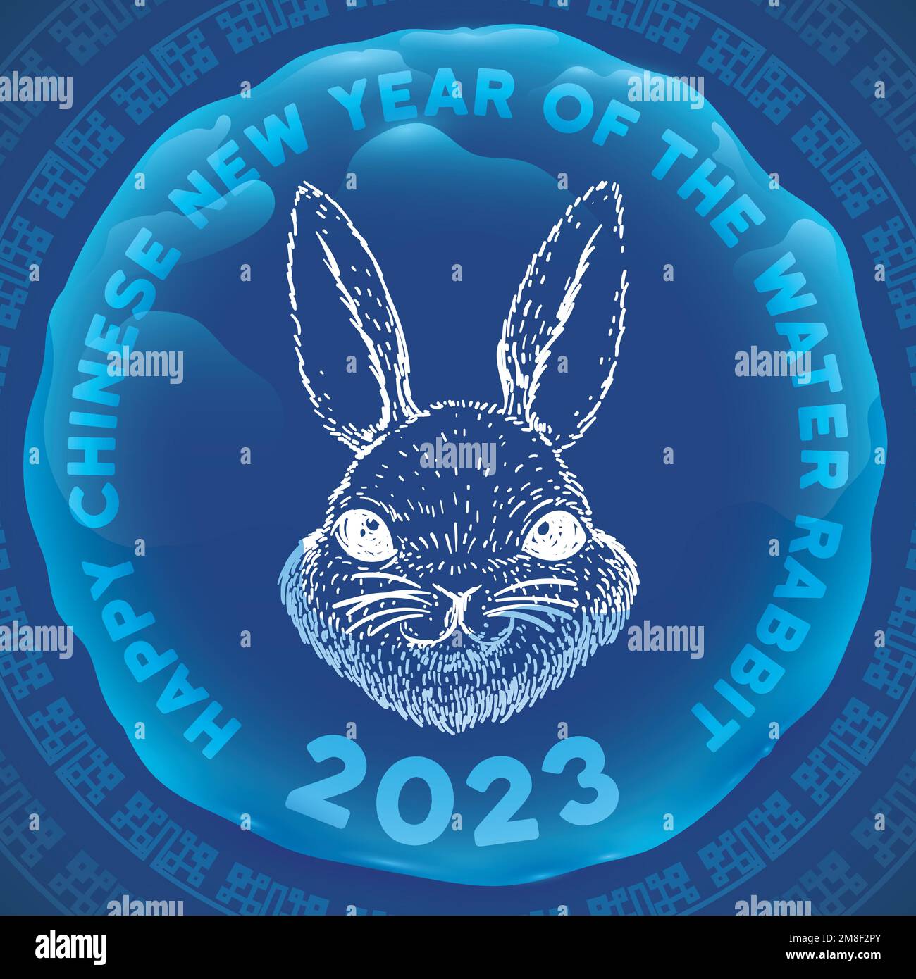 Motif bleu avec dessin de lapin à l'intérieur d'une goutte d'eau, célébrant cet élément et animal pour le nouvel an chinois de 2023. Illustration de Vecteur