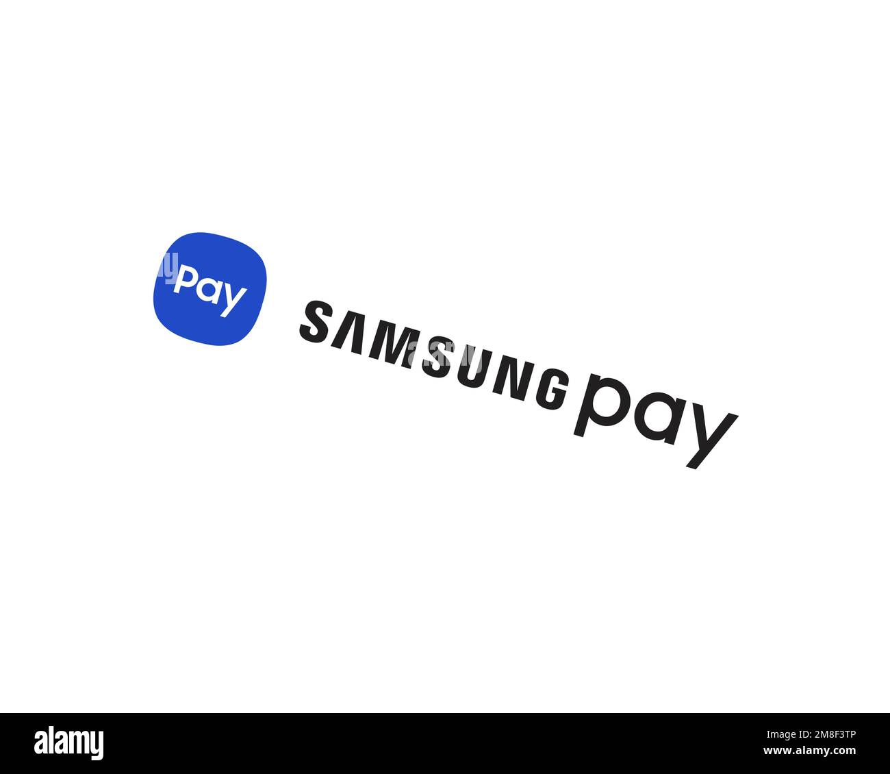 Samsung Pay, logo pivoté, fond blanc B Banque D'Images