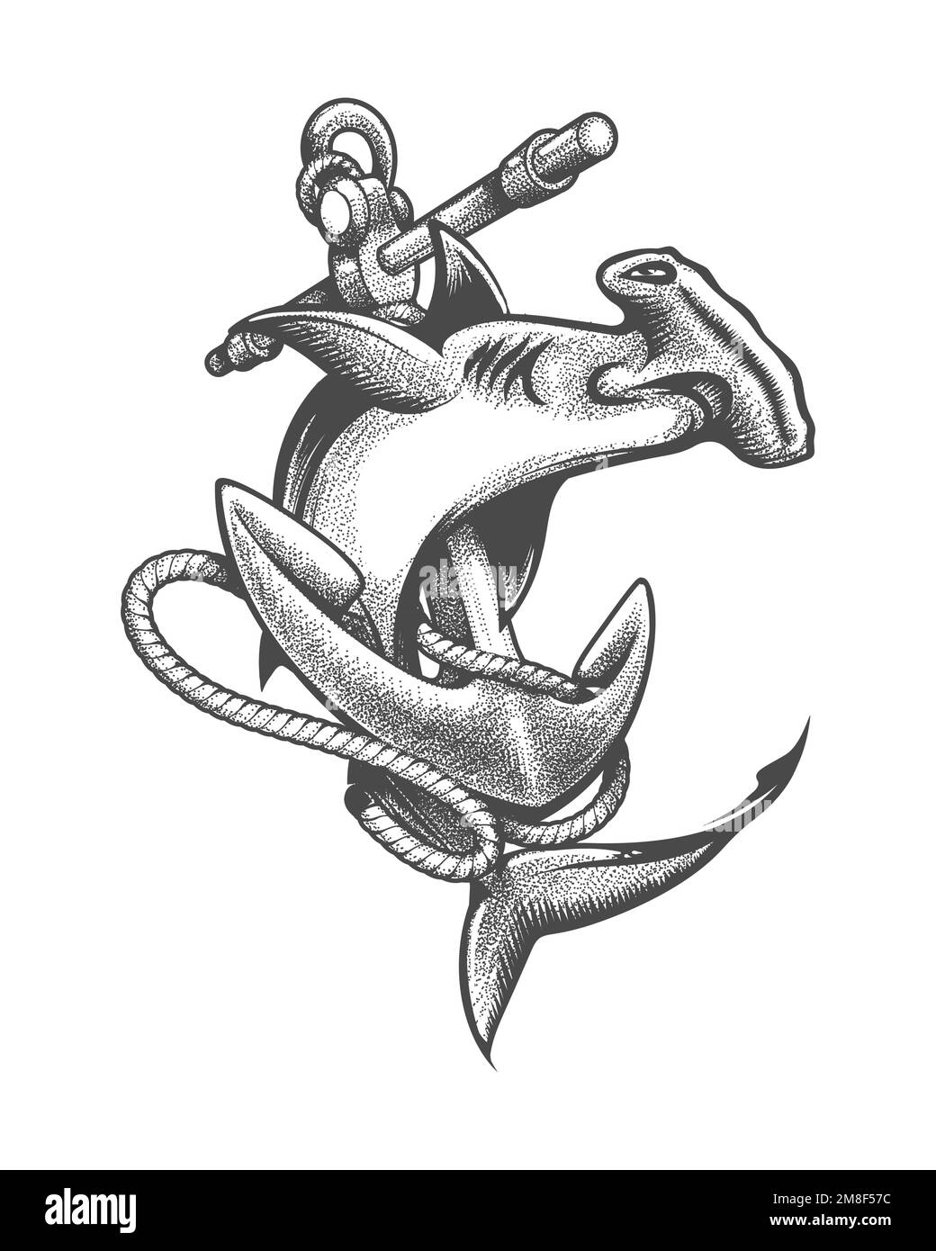 Tatouage de requin Hammerhead et d'ancrage de navire dessiné en style gravure. Illustration vectorielle isolée sur fond blanc/ Illustration de Vecteur