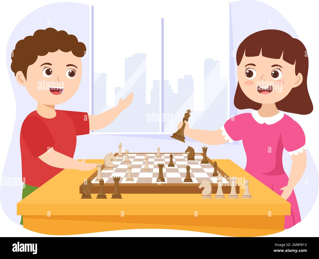 Illustration du jeu de Chess Board avec des enfants assis en face et jouant pour la bannière Web ou la page d'arrivée dans le dessin animé à la main dessin animé de dessin animé Illustration Illustration de Vecteur
