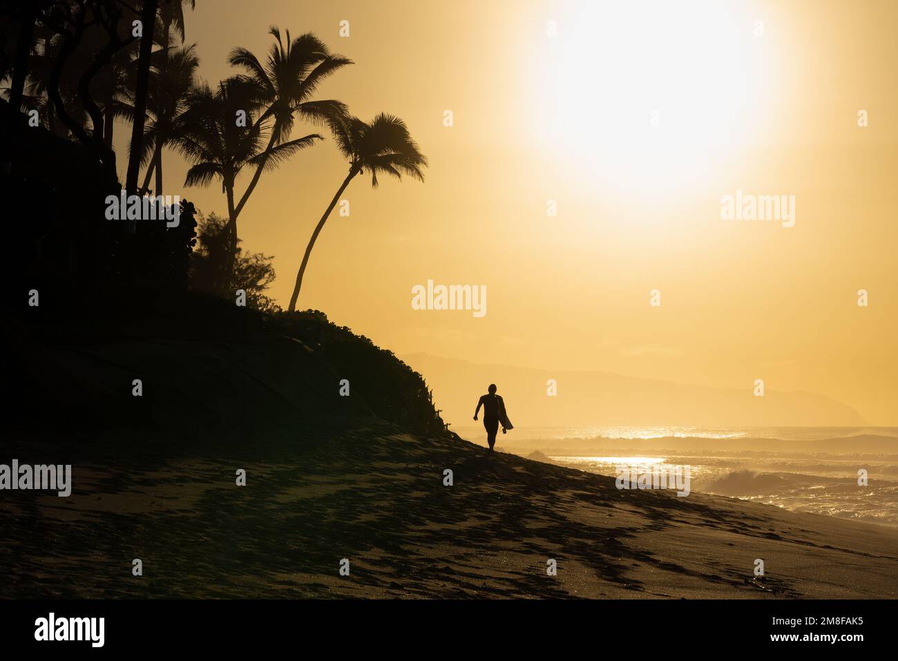 Silhouette d'un surfeur marchant sur Sunset Beach, Hawaï avec une planche de surf au coucher du soleil Banque D'Images