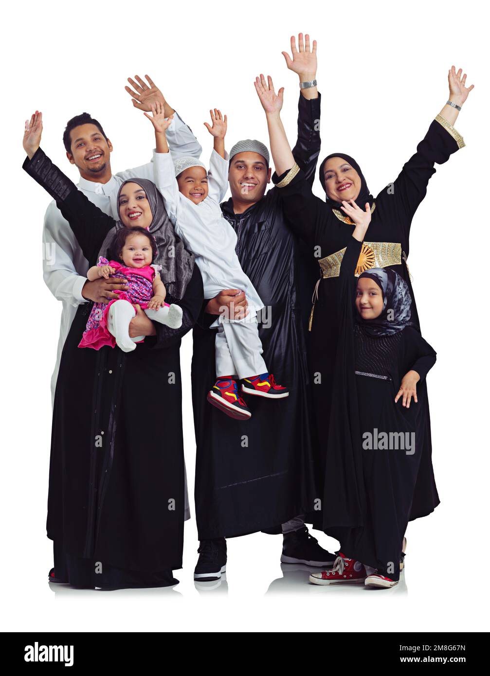 Famille musulmane, portrait et célébration de l'eid avec des femmes, des hommes et des enfants ensemble pour la religion de l'Islam. Les mains des parents arabes et des enfants ensemble pour Banque D'Images