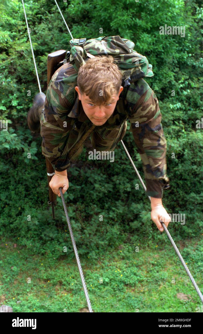 CPL. Wiser ramper le long de deux câbles suspendus sur l'herbe et les buissons dans le 'double commando ramper' pendant l'opération Martenique française. Objet opération/série: FRANÇAIS MARTENIQUE base: Fort de Seaux pays: France (FRA) Banque D'Images