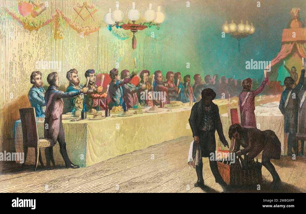 Banquet maçonnique en France, vers 1840 dans 'Histoire pitoresque de la franc-maçonnerie' par François-Timoléon Bègue (1798-1852) Banque D'Images