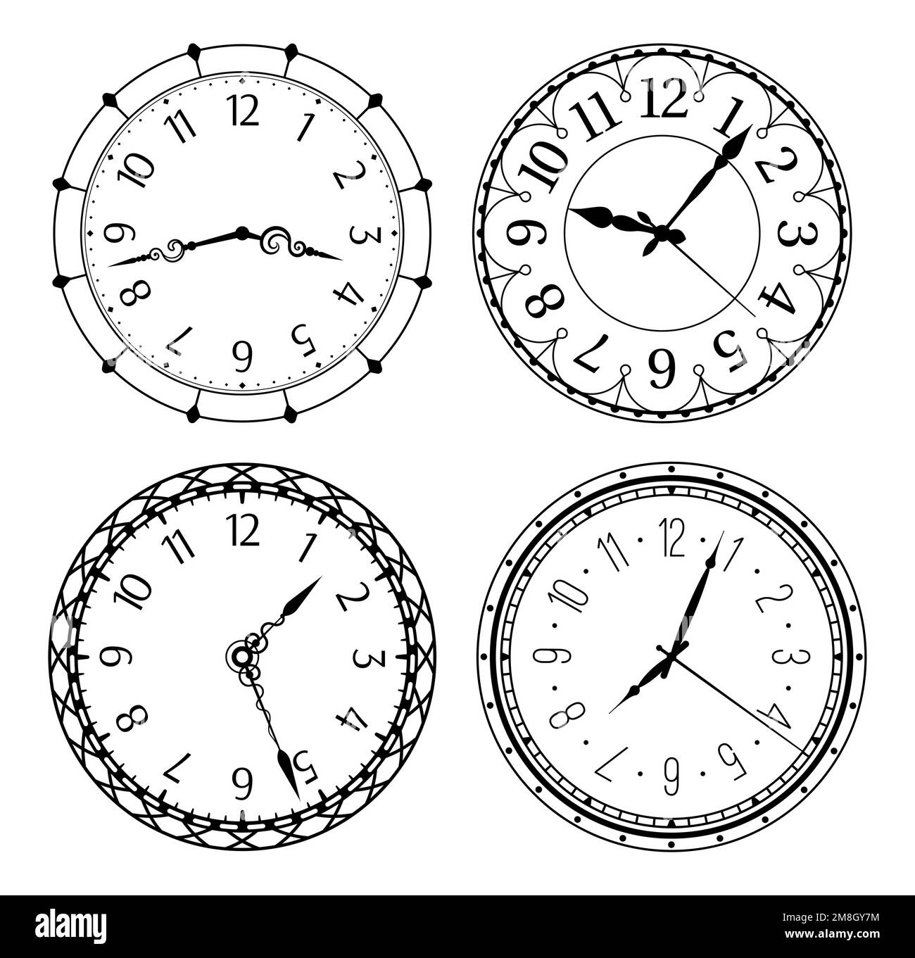 Horloges anciennes avec chiffres arabes. Modèles ronds classiques et vintage avec jeu de vecteurs à chiffres et mains isolées Illustration de Vecteur