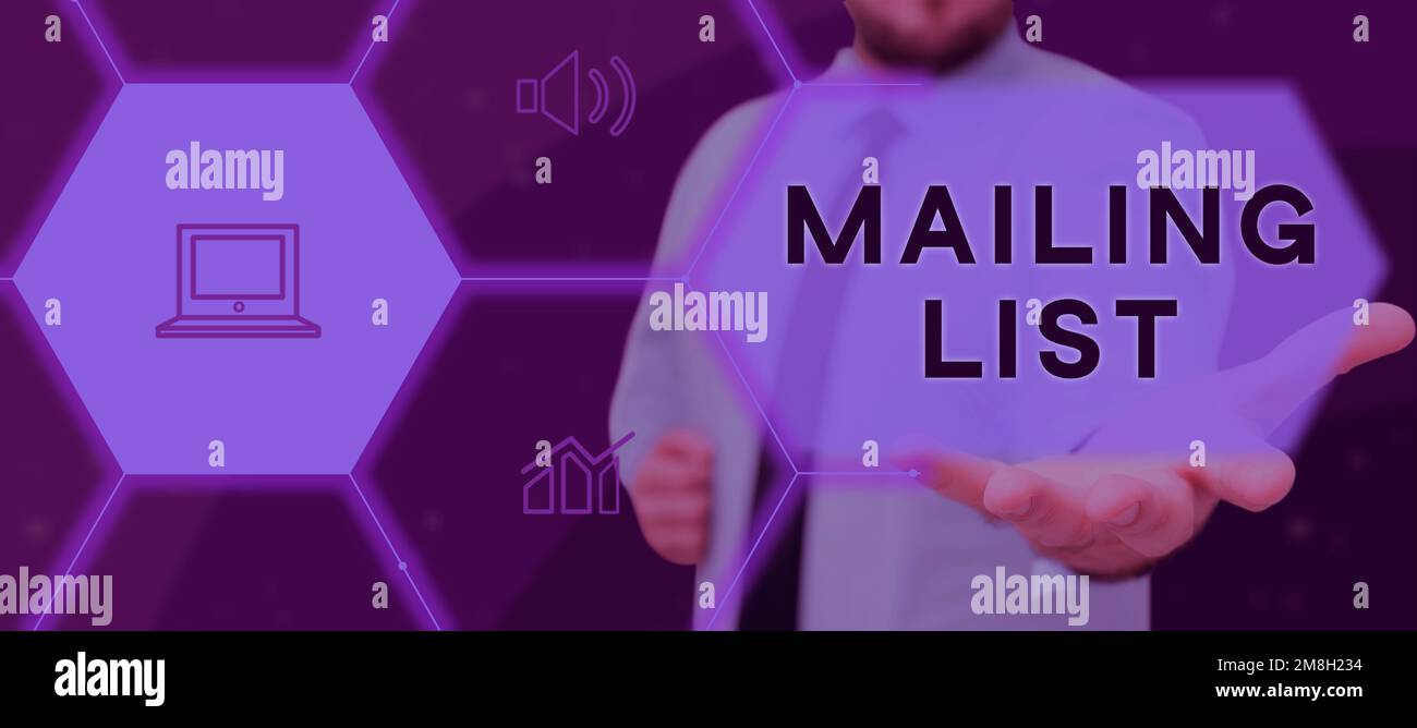 Affiche affichant la liste de diffusion. Mot écrit sur la liste des personnes qui s'abonnent à une distribution périodique de courrier Banque D'Images