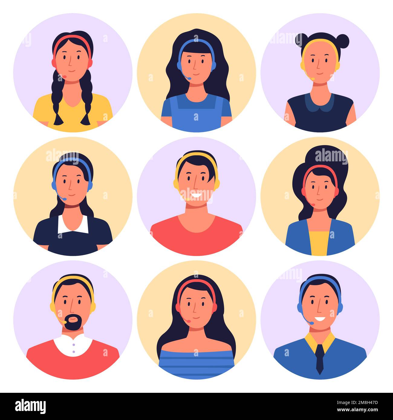 Assistant de centre d'appels. Personnages féminins et masculins avec des avatars ronds de casque. Les travailleurs de l'homme et de la femme communiquent Illustration de Vecteur Assistant de centre d'appels. Personnages féminins et masculins avec des avatars ronds de casque. Les travailleurs de l'homme et de la femme communiquent Illustration de Vecteur
