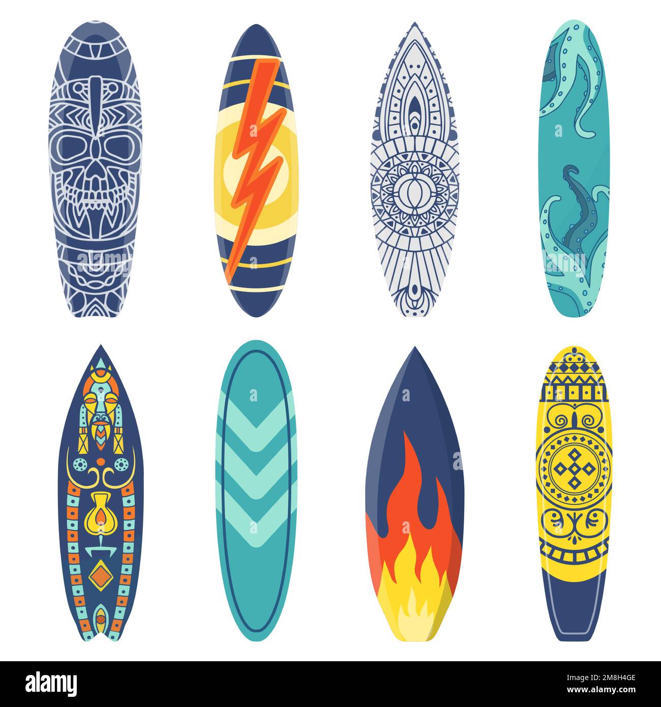 Planche de surf à dessin animé avec motif ethnique. Équipement pour les activités estivales ou les sports extrêmes. Planches de surf avec différents imprimés comme flamme Illustration de Vecteur