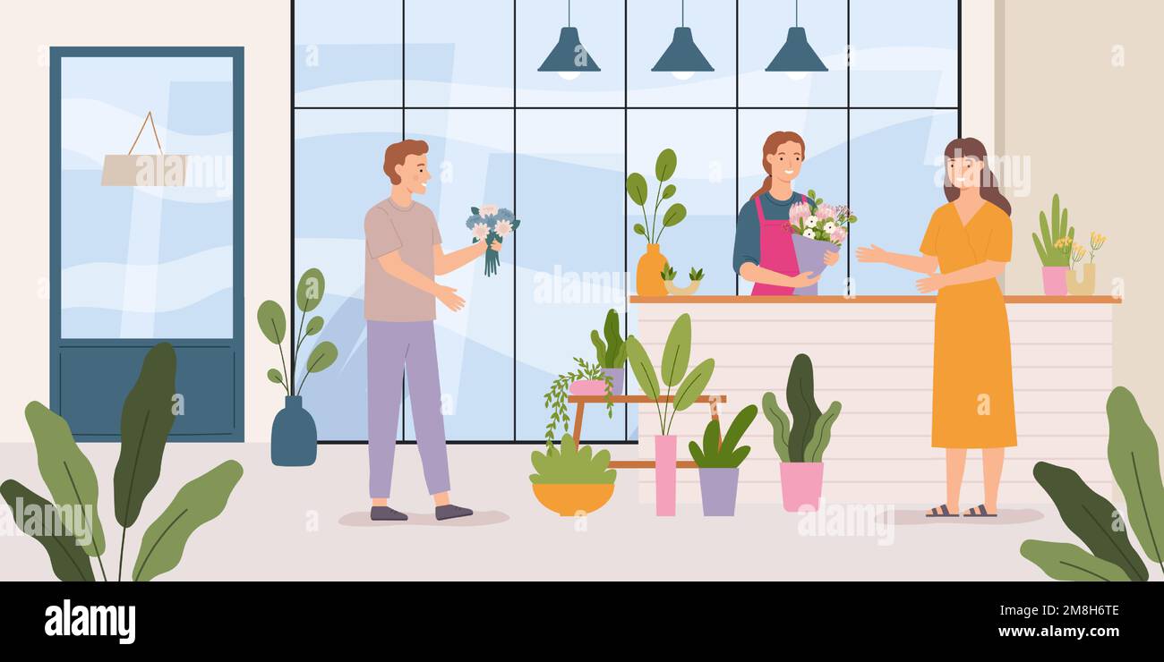 Magasin de fleurs. Fleuriste faisant un bouquet pour la cliente féminine. Homme joyeux client achetant des usines. Femme debout au comptoir Illustration de Vecteur