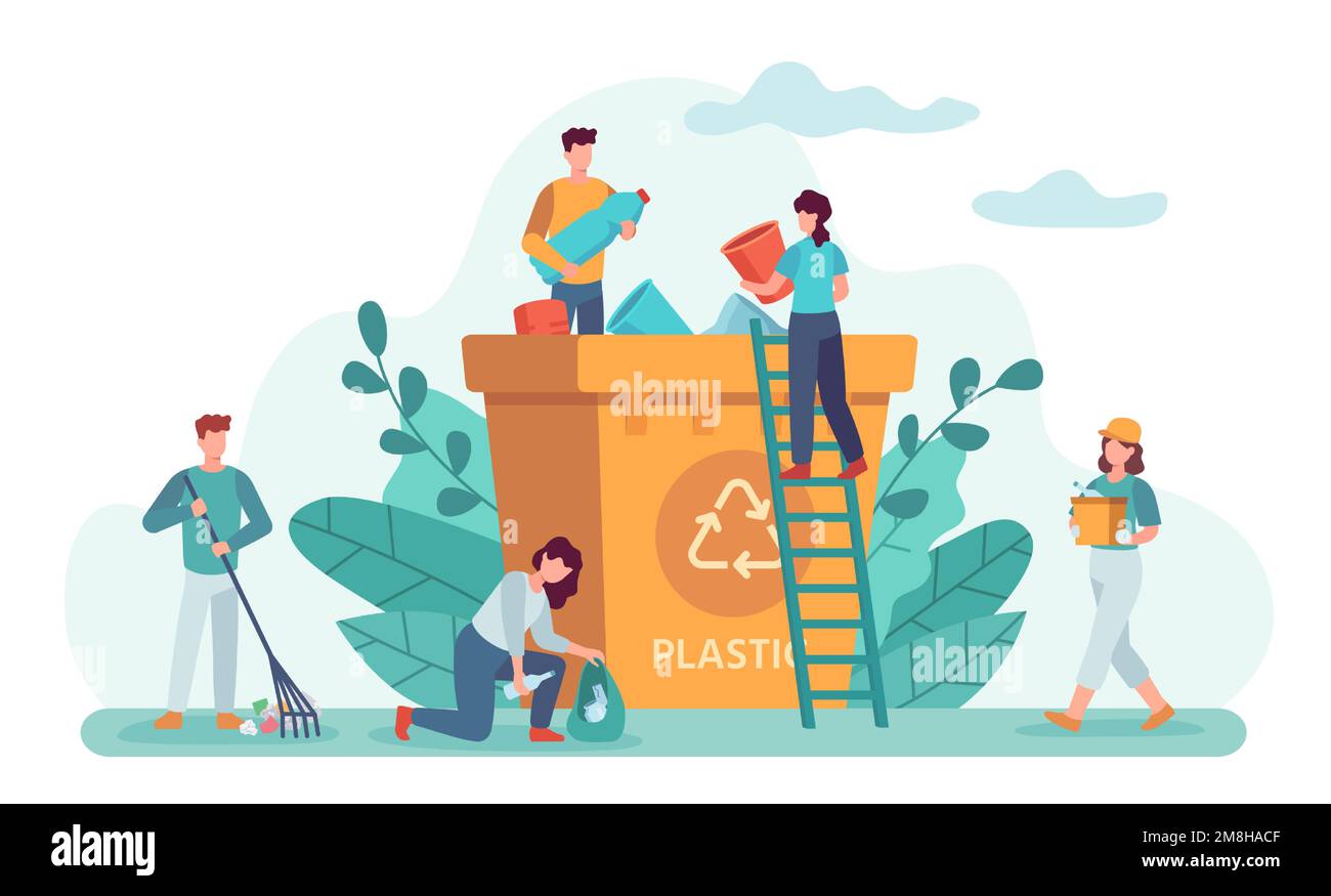 Les gens nettoient les ordures. Les bénévoles ramassent les déchets pour les recycler. De minuscules gens ramassant la litière en plastique et la mettant dans un immense bac Illustration de Vecteur