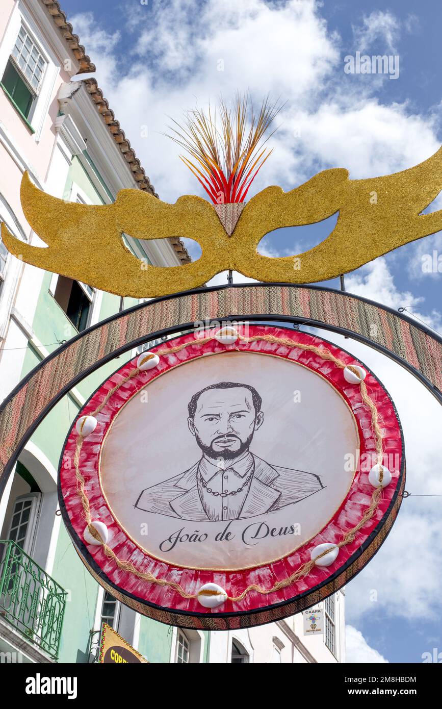 Salvador, Bahia, Brésil - 11 février 2018 : décoration du Pelourinho pour le carnaval de Salvador, Bahia, en 2018. Banque D'Images