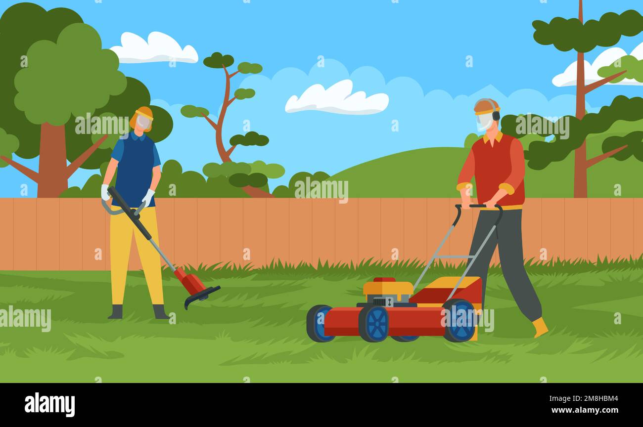 Tonte et entretien professionnels de la pelouse. Des hommes de main avec équipement de protection coupant l'herbe sur la cour arrière Illustration de Vecteur