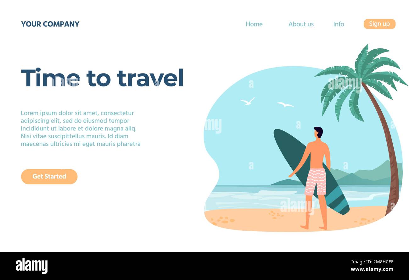 Concept de voyage. Personnage masculin se tenant sur la plage et tenant une planche de surf. Homme en vacances pratiquant le vecteur de sport extrême Illustration de Vecteur