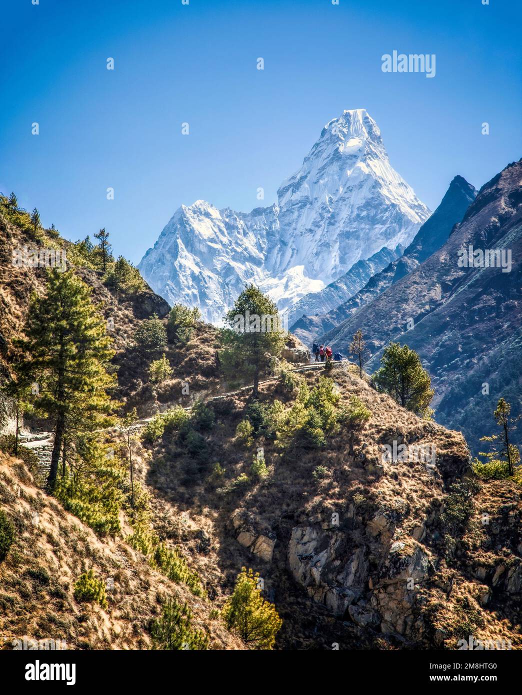 Sur le camp de base de l'Everest trail avec l'Ama Dablam (6856 mètres) à l'arrière-plan. Parc national de Sagarmatha (Népal). Banque D'Images