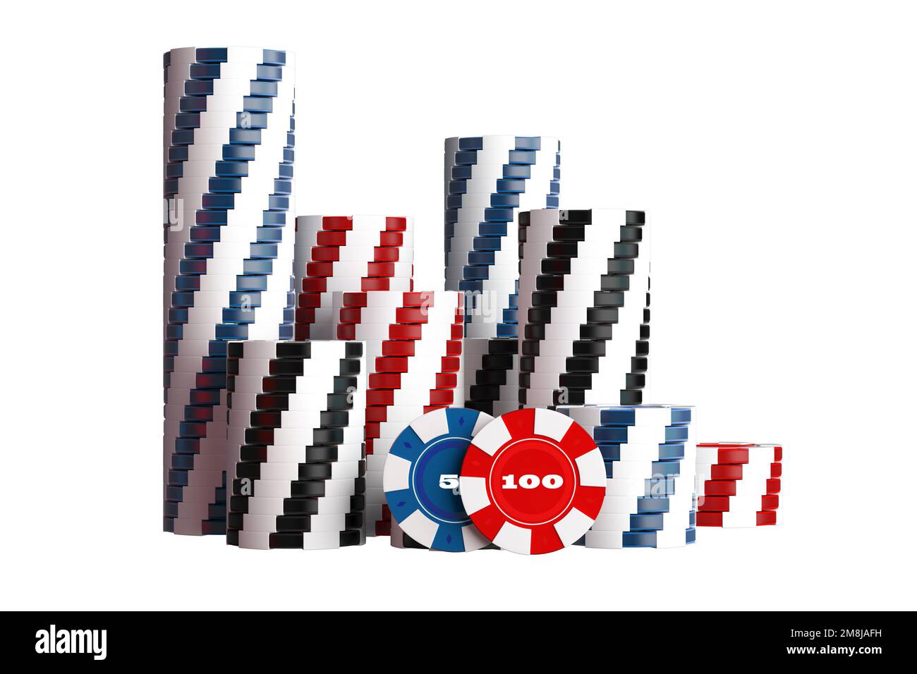 Pile de jetons de jeu de casino isolés sur blanc 3D rendu Illustration. Banque D'Images
