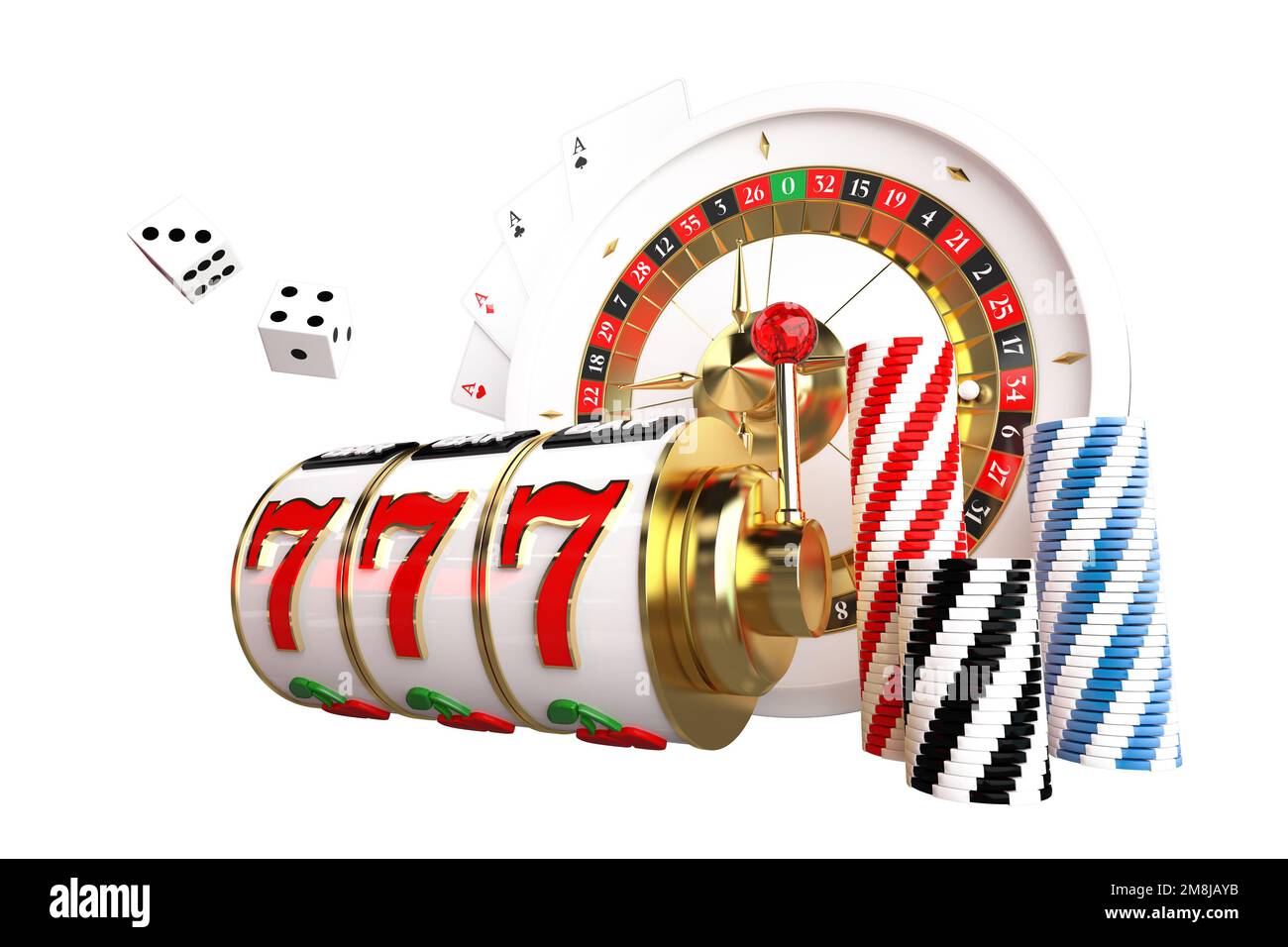 3D objets de jeux de casino rendus. Machines à sous Reels, Roulette, dés, cartes de poker et jetons Illustration. Banque D'Images