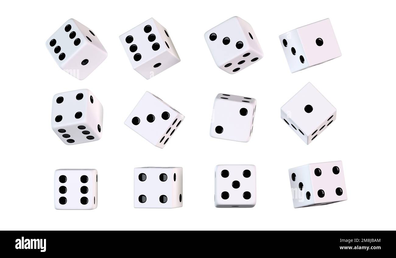 Casino blanc classique dés dans différentes positions 3D rendu Illustration. Jeux de casino graphiques. Banque D'Images