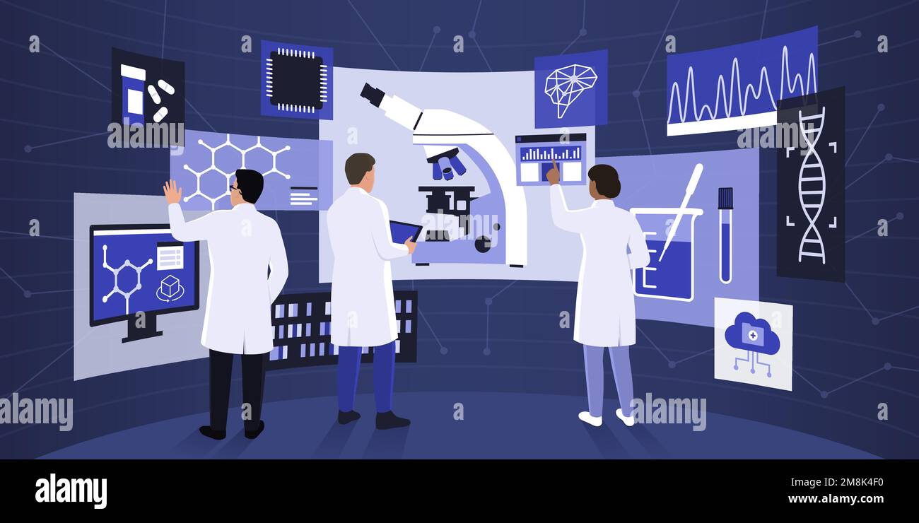 Chercheurs scientifiques travaillant dans un laboratoire de VR, ils interagissent avec des écrans et des interfaces virtuels Illustration de Vecteur