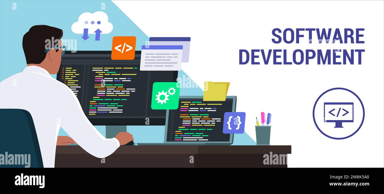 Développeur de logiciels assis au bureau et travaillant avec des ordinateurs, il vérifie le code Illustration de Vecteur