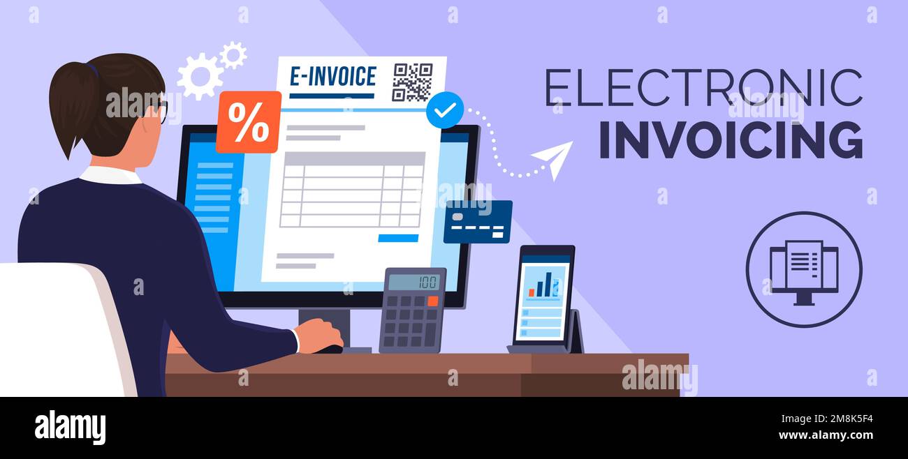 Femme d'affaires professionnelle travaillant avec son ordinateur, elle envoie une facture électronique en ligne Illustration de Vecteur