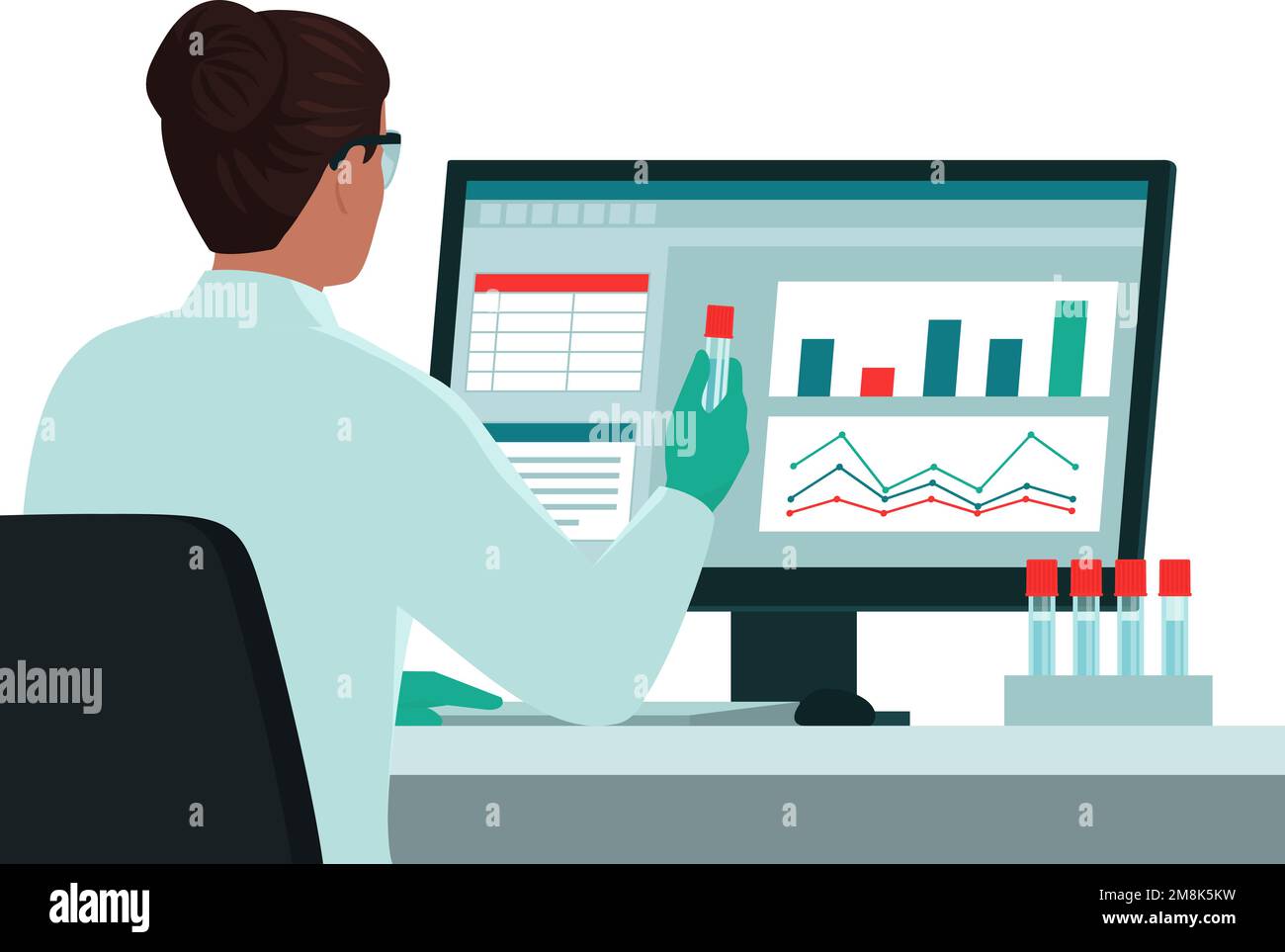 Scientifique professionnelle femme travaillant dans le laboratoire médical, elle vérifie les résultats des tests sur l'ordinateur et tient un flacon, un microscope et medica Illustration de Vecteur