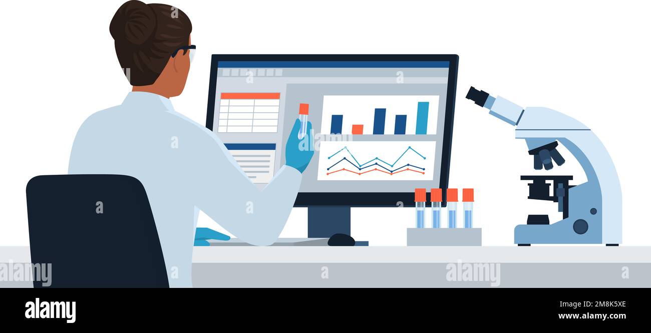Scientifique professionnelle femme travaillant dans le laboratoire médical, elle vérifie les résultats des tests sur l'ordinateur et tient un flacon, un microscope et medica Illustration de Vecteur