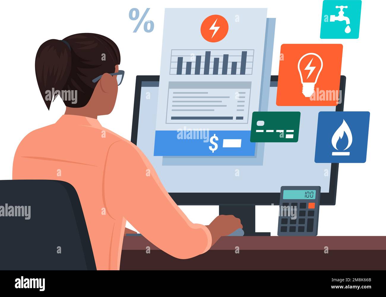Femme assise à un bureau et payant des factures de services publics en ligne à l'aide de son ordinateur Illustration de Vecteur