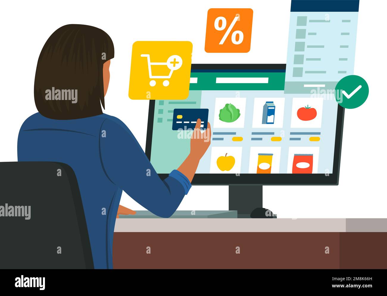 Femme se connectant à son ordinateur et faisant des courses en ligne, elle paie avec une carte de crédit Illustration de Vecteur