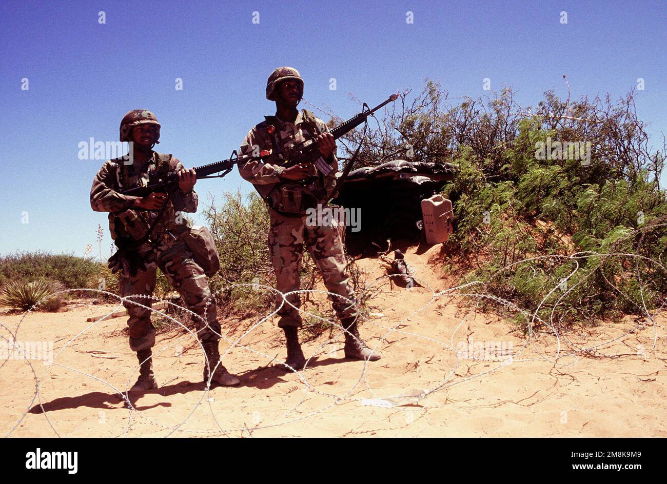 SPC. Chris Laury (à gauche) et PFC. Earl Walker, Delta Battery 3rd Bataillon, 43rd Artillerie de défense aérienne, sont des gardes de point de contrôle d'entrée prêts avec leurs armes. Objet opération/série: ROVING SANDS '95 base: Fort Bliss État: Texas (TX) pays: États-Unis d'Amérique (USA) Banque D'Images