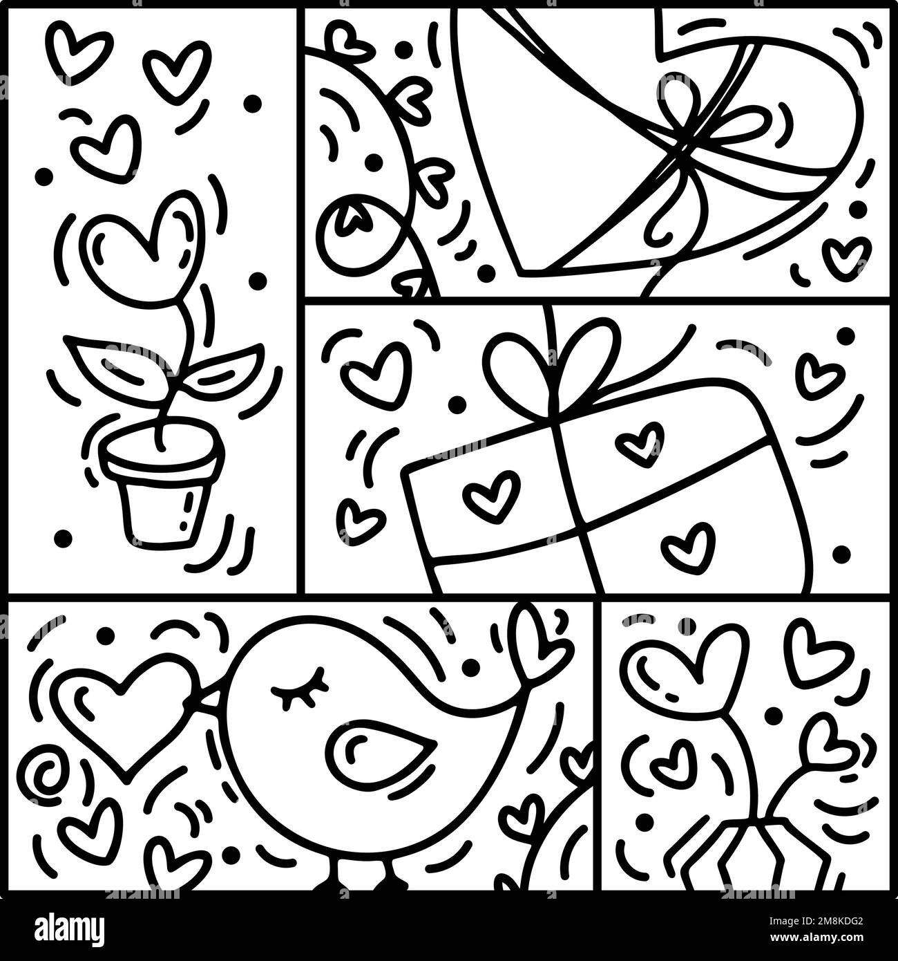 Vector Valentines logo composition coeur, boîte cadeau, oiseau, fleur, amour texte manuscrit. Constructeur monoline dessiné à la main dans un cadre carré pour accueillir Illustration de Vecteur