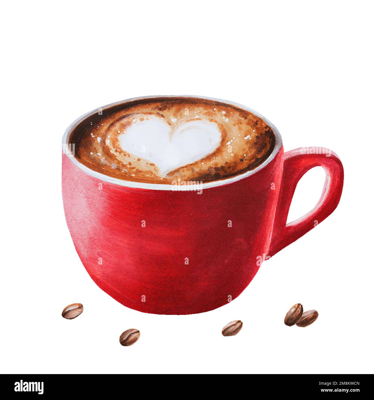 Aquarelle cappuccino sucré illustration café dans une tasse en porcelaine avec des grains de café. Peinture à la main sur un fond blanc isolé. Pour les concepteurs Banque D'Images