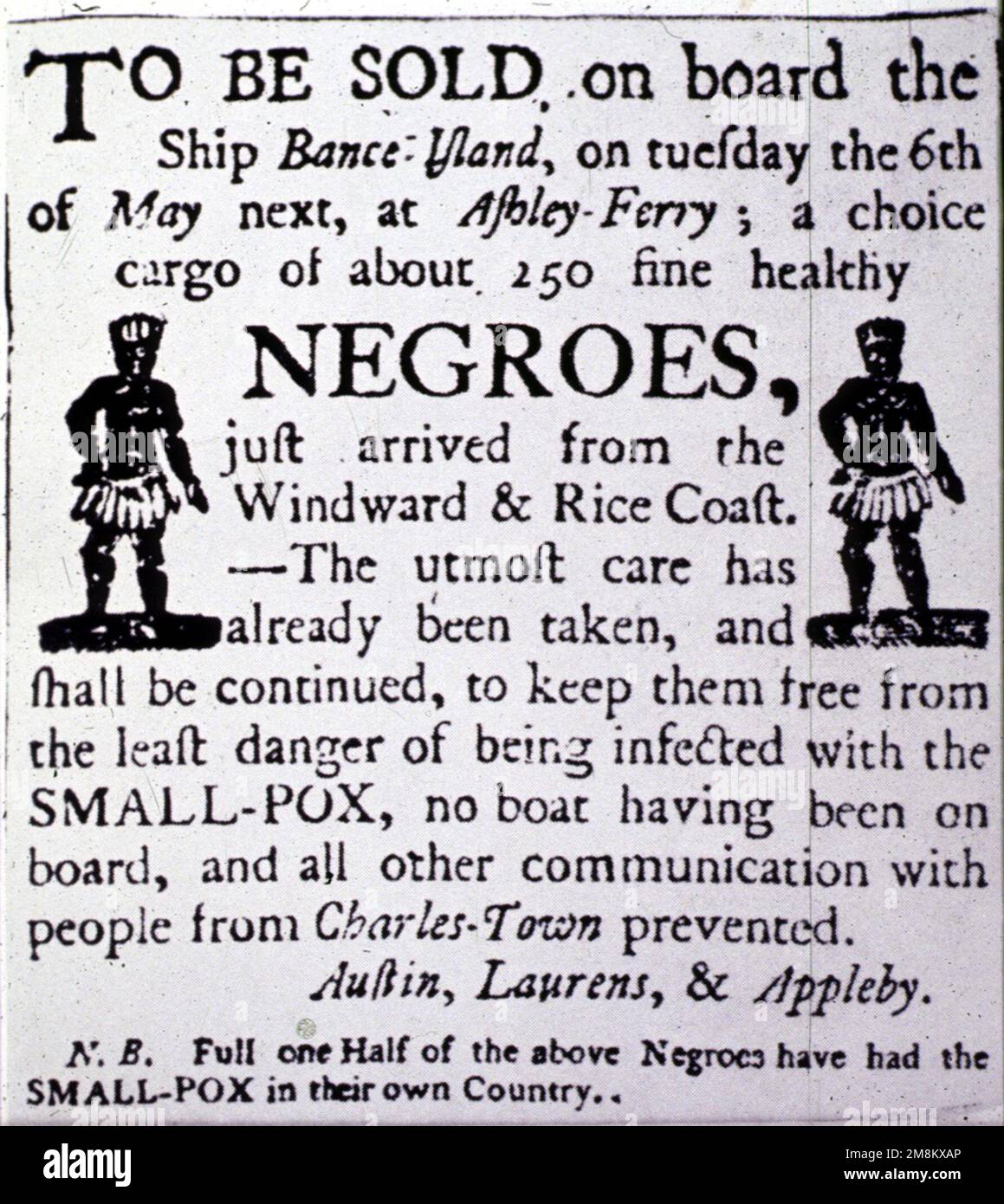 Cette publicité était destinée à la vente d'esclaves africains publiés dans la South Carolina Gazette et payés par une entreprise importante pour l'importation d'esclaves africains à Charleston. Banque D'Images