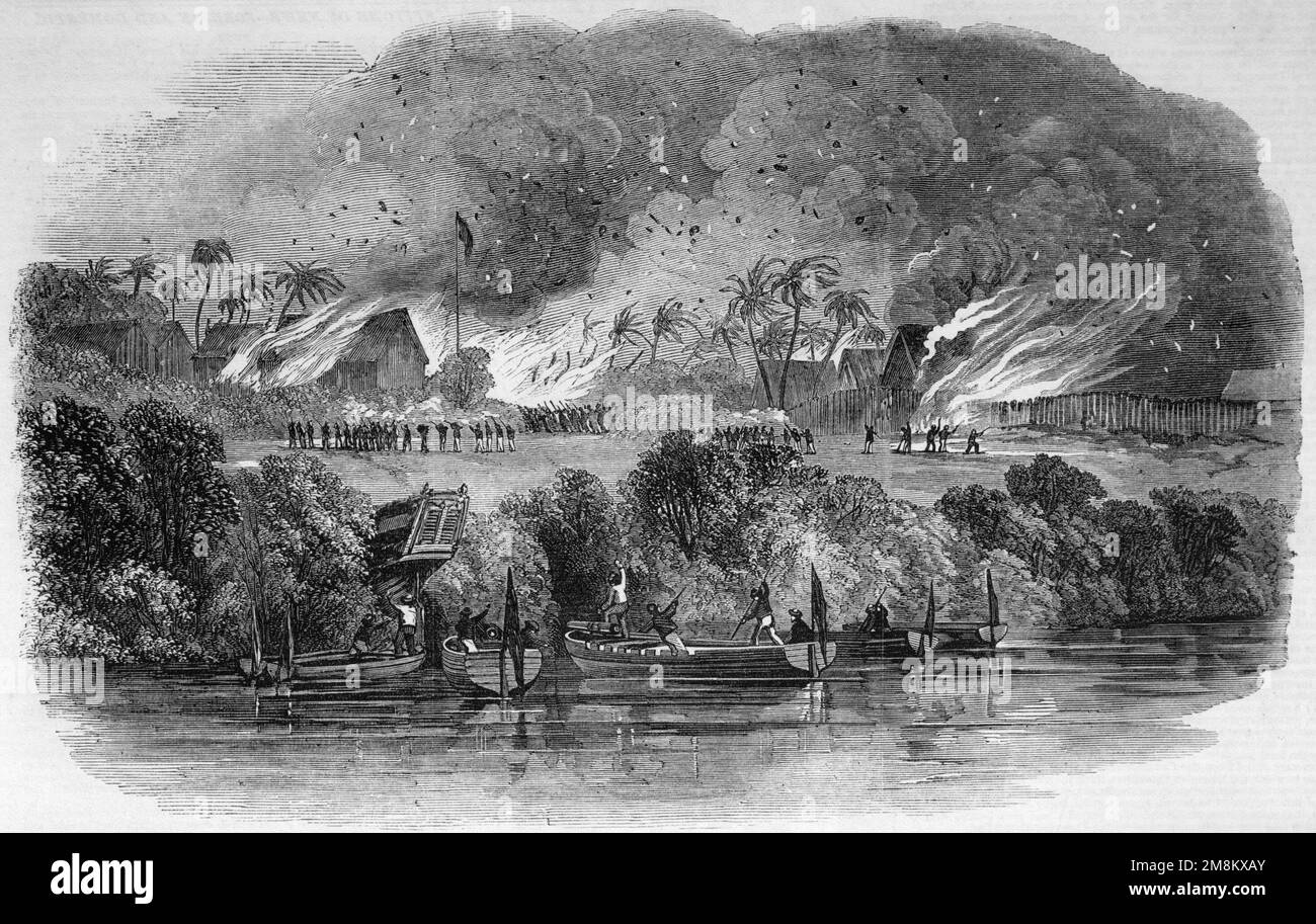 Brûlage d'un établissement d'esclaves par des marins et des marins britanniques, à Keonga, rivière Mozama, dans la Manche du Mozambique. Banque D'Images