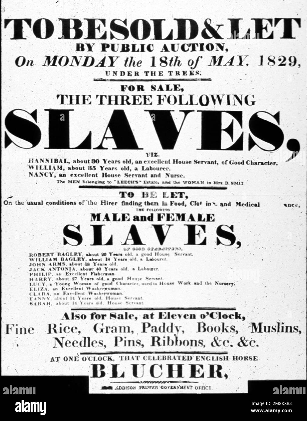 Une affiche annonçant la vente d'esclaves Banque D'Images