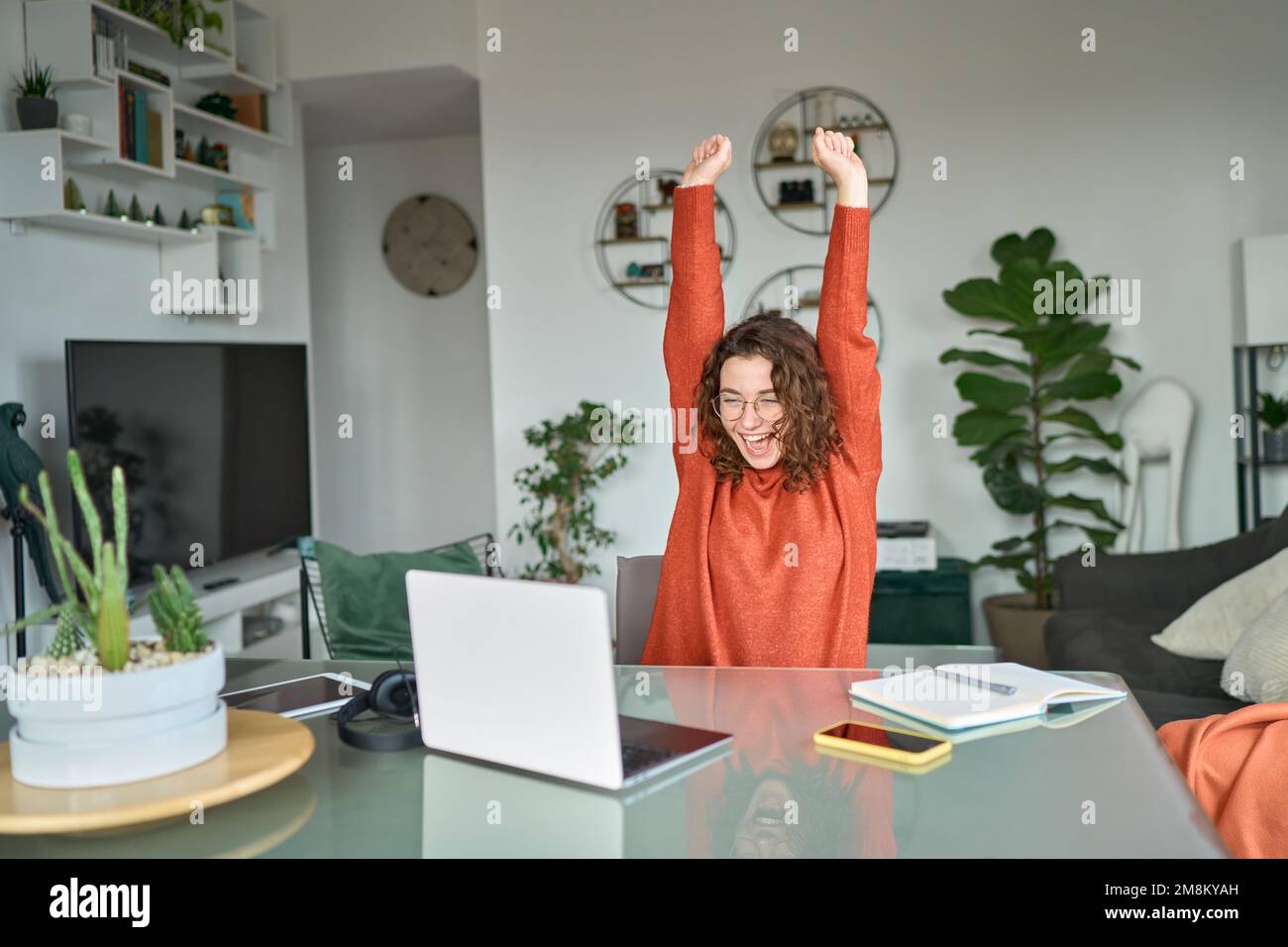 Jeune excitée heureuse femme étudiante gagnant succès en utilisant l'ordinateur. Banque D'Images