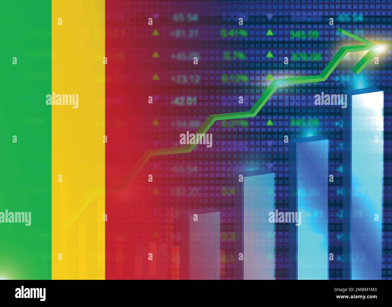 Croissance économique au Mali.marché boursier du Mali.drapeau du Mali avec graphiques,flèche de croissance Illustration de Vecteur