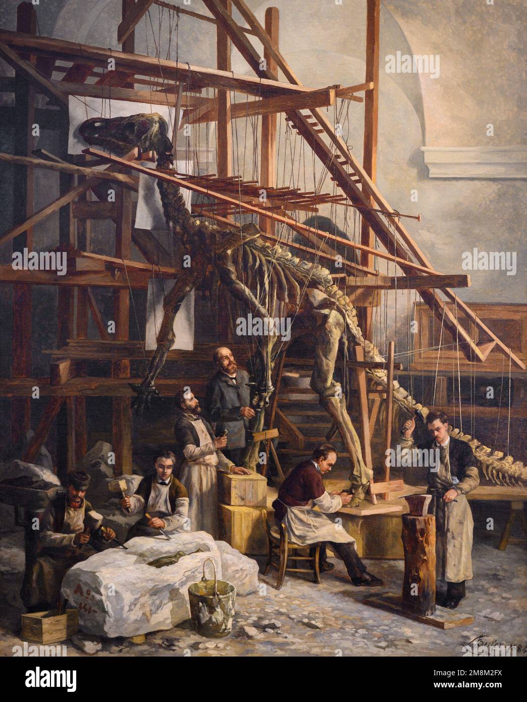 Tentatives de reconstruction d'un squelette d'Iguanodon par Louis Dolo et Louis de Pauw dans la chapelle de Nassau (alors 2nd atelier du musée). Environ 1881. Banque D'Images
