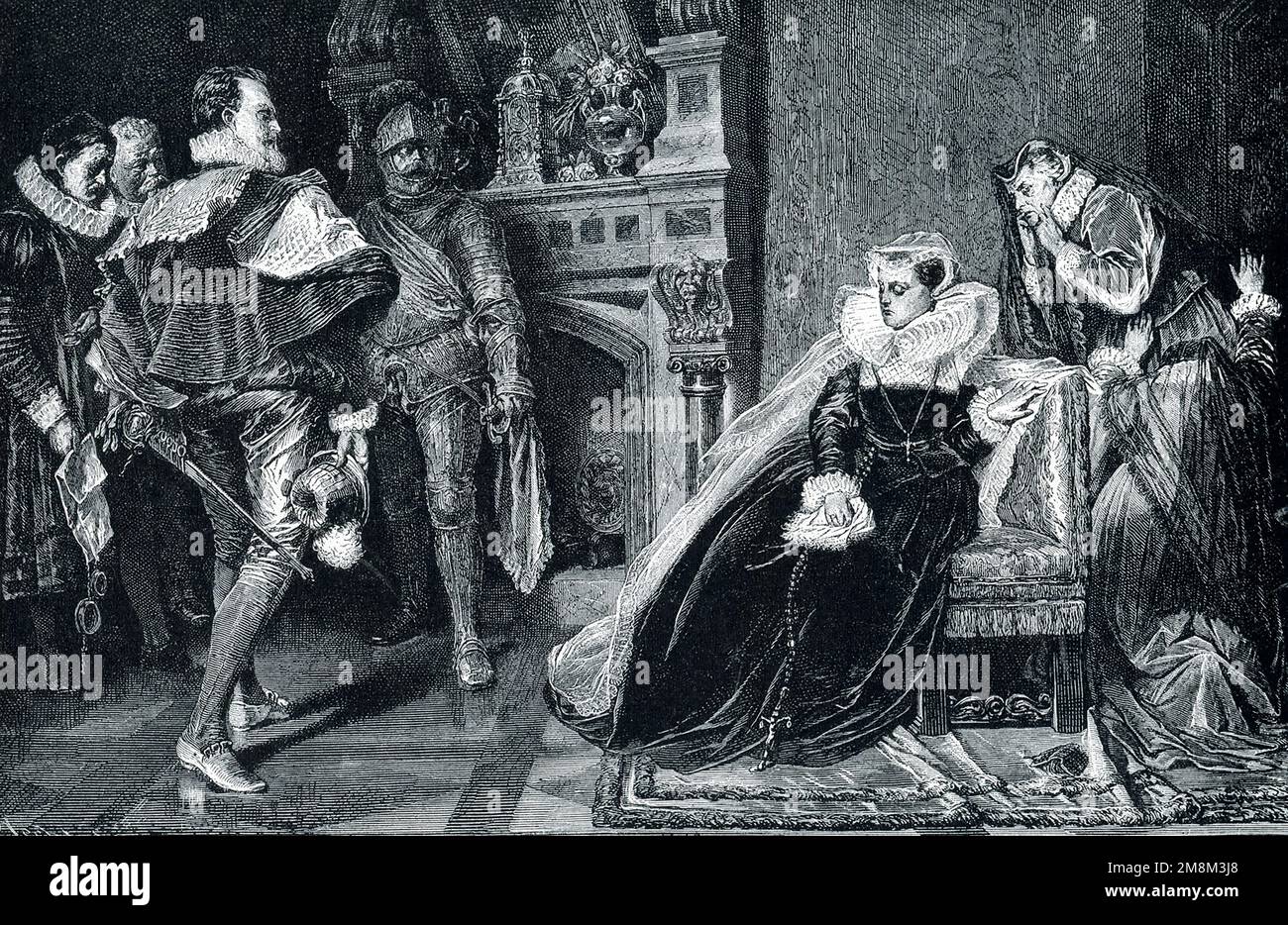 La légende de 1906 se lit comme suit : « MARY QUEEN OF SCOTS IN PRISON.—le malheureux Mary Stuart, la rivale d'Elizabeth pour le trône d'Angleterre, a peut-être été une femme diabolique. Elle était certainement une malheureuse, mais personnellement si charmante que tous ceux qui la voyaient l'aimaient. Nous la voyons ici quand les nobles qui apportent son mandat de mort ne peuvent cacher leur admiration pour son courage et leur tristesse pour son destin. » Mary a été en prison de 1568 à son exécution en 1587. Banque D'Images