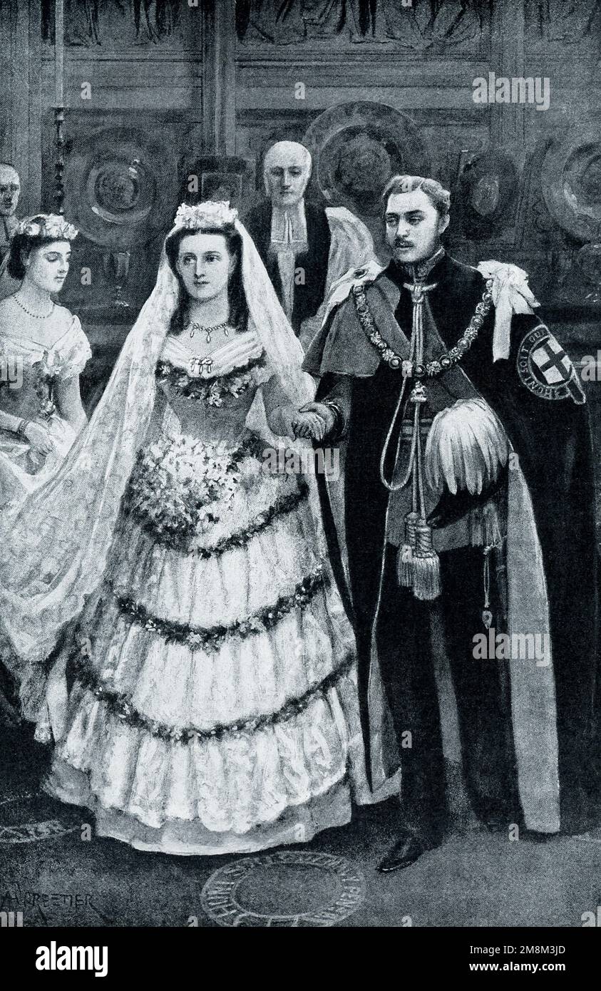 La légende de 1906 est la suivante : « MARIAGE D’EDWARD VII À LA PRINCESSE ALEXANDRA.—cette photo forme un contraste intéressant avec nos autres, qui montrent le roi et la reine comme ils semblent à l'heure courante. Cela les présente comme ils sont apparus il y a plus de quarante ans, quand à Windsor, sur 10 mars 1863, ils se sont pour la première fois engagés à faire foi. » Banque D'Images